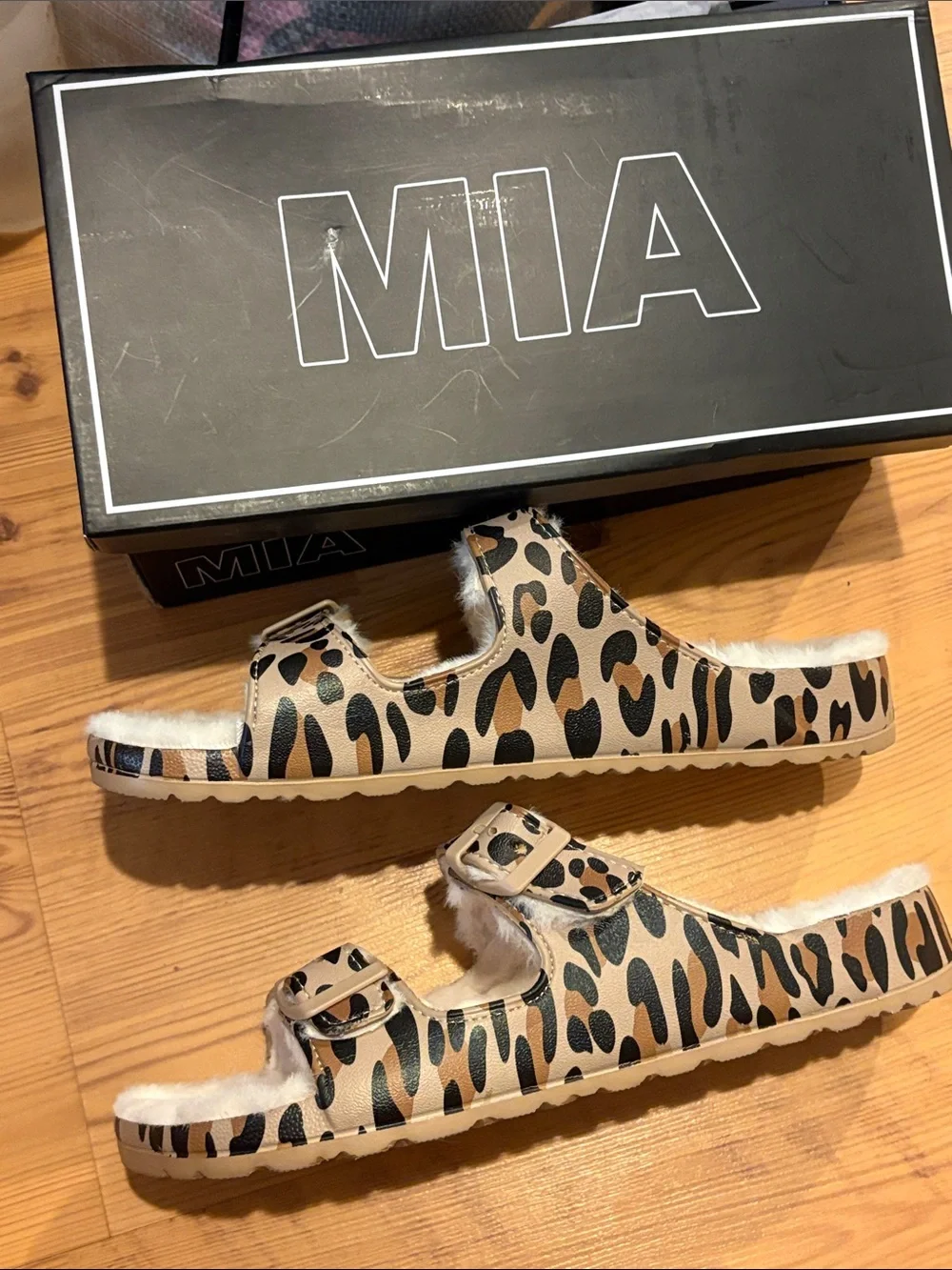 MIA Leopard Print Faux-Fur Buckle Slide Sandals - Beige